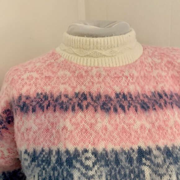 VTG 80s 90s Pastel Pink Spunky Crewneck Knit Sweater Turtleneck Cosby Snowflake - Picture 5 of 15